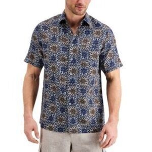 Tasso Elba Mens Shirt Blue Vine Print‎ Pocket Button Up Size XL